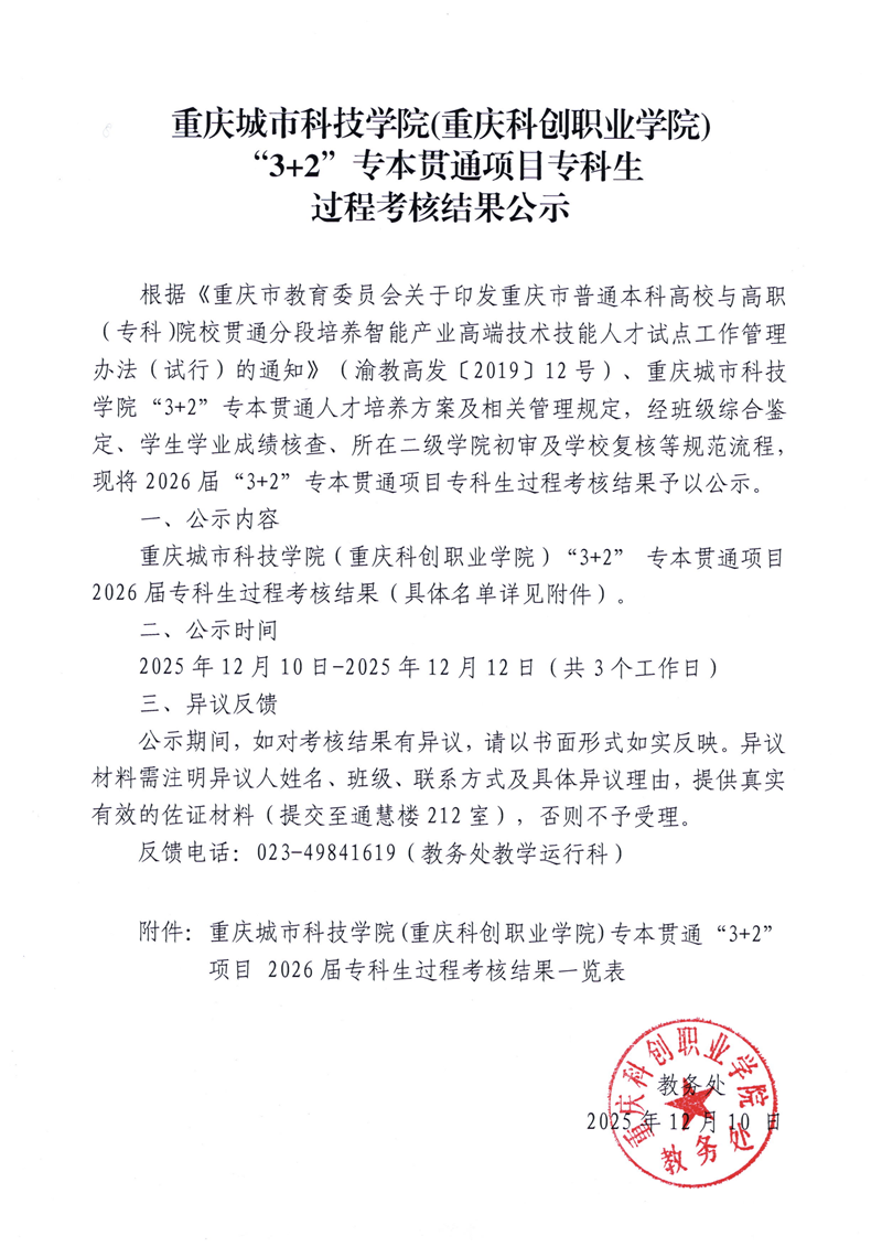重庆城市科技学院（重庆科创职业学院）”3+2“专本贯通项目专科生过程考核结果公示_01(1).png